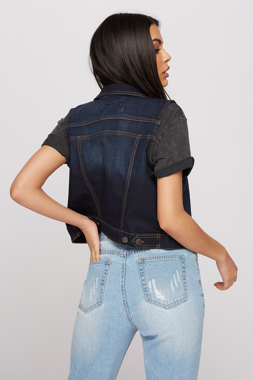 Women Cropped Denim Vest Dark Blue