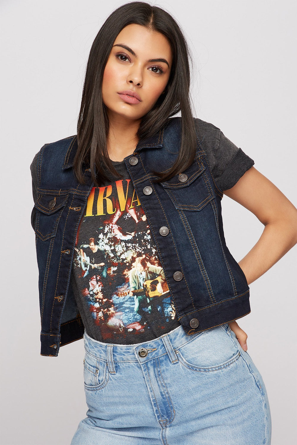 Women Cropped Denim Vest Dark Blue