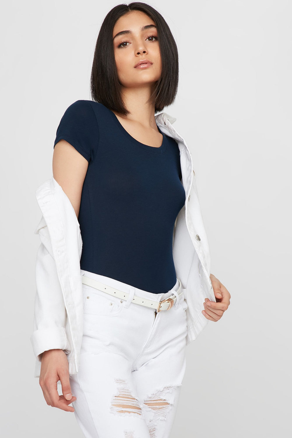 Women Longline Basic Scoop Neck T-Shirt Dark Blue