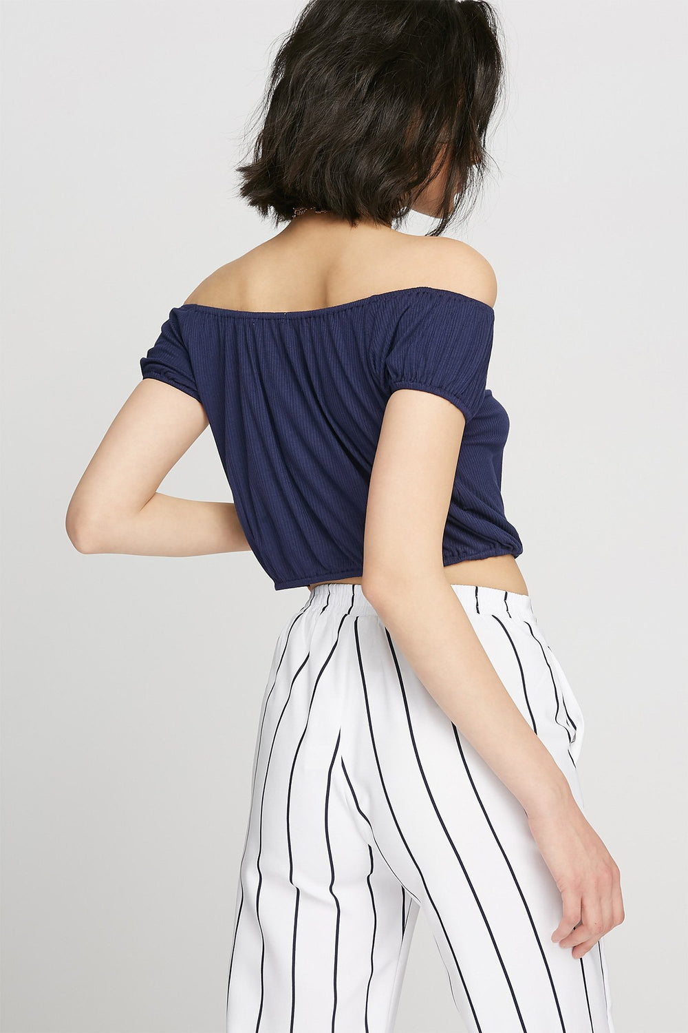 Women Off The Shoulder Ribbed Cinched Cropped Blouse Dark Blue