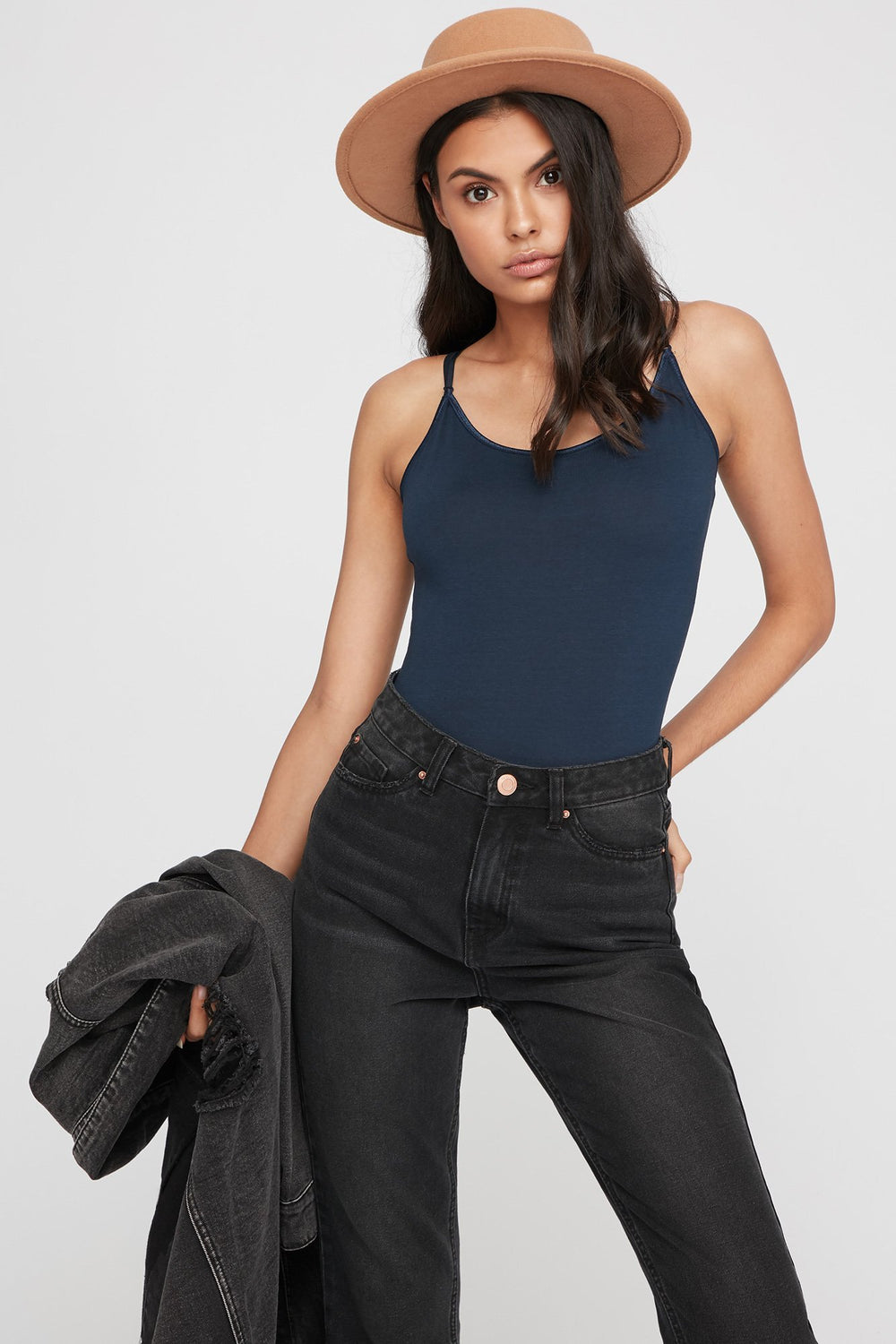 Women Scoop Neck Longline Basic Camisole Dark Blue