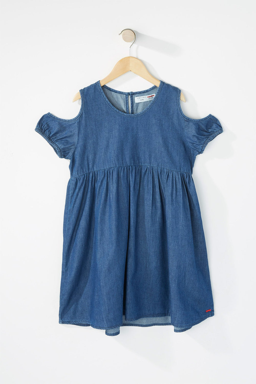 Kids Girls Cold Shoulder Chambray Pleated Dress Dark Blue