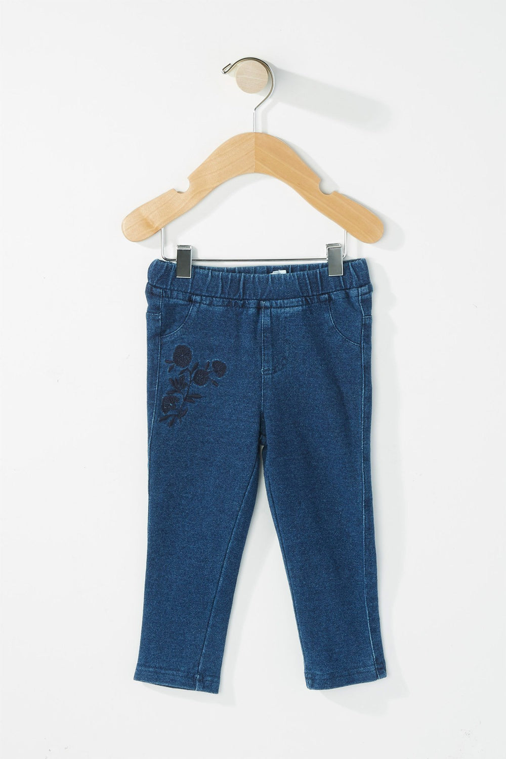 Kids Girls Floral Embroidered Denim Legging Dark Blue