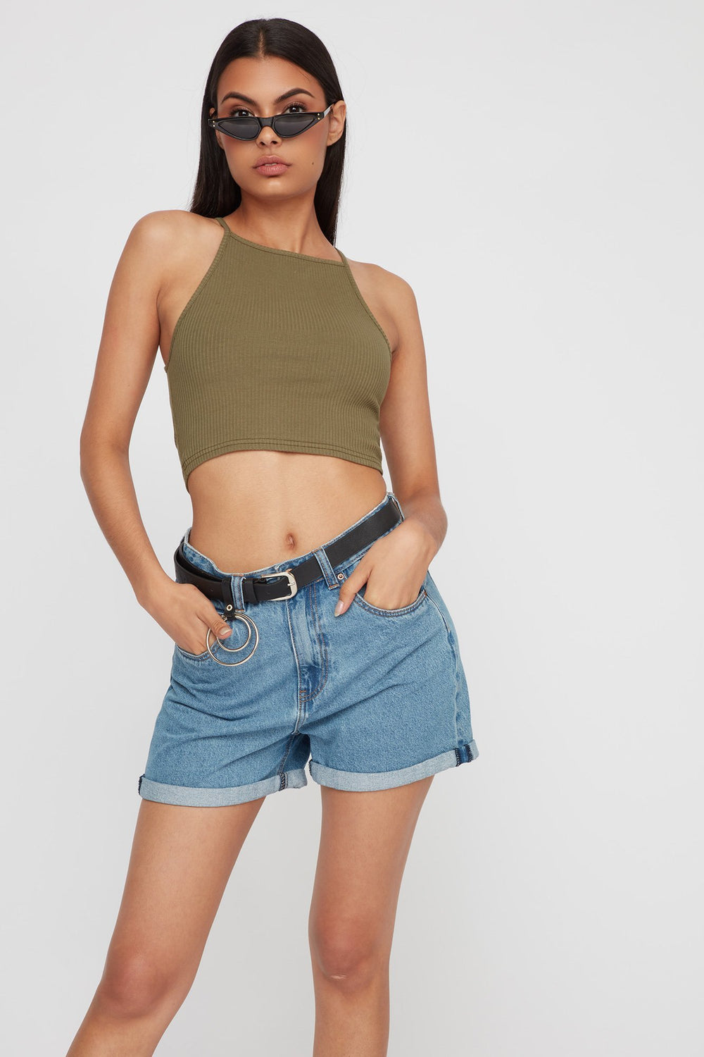 Women Cropped Ribbed Camisole Dark Green
