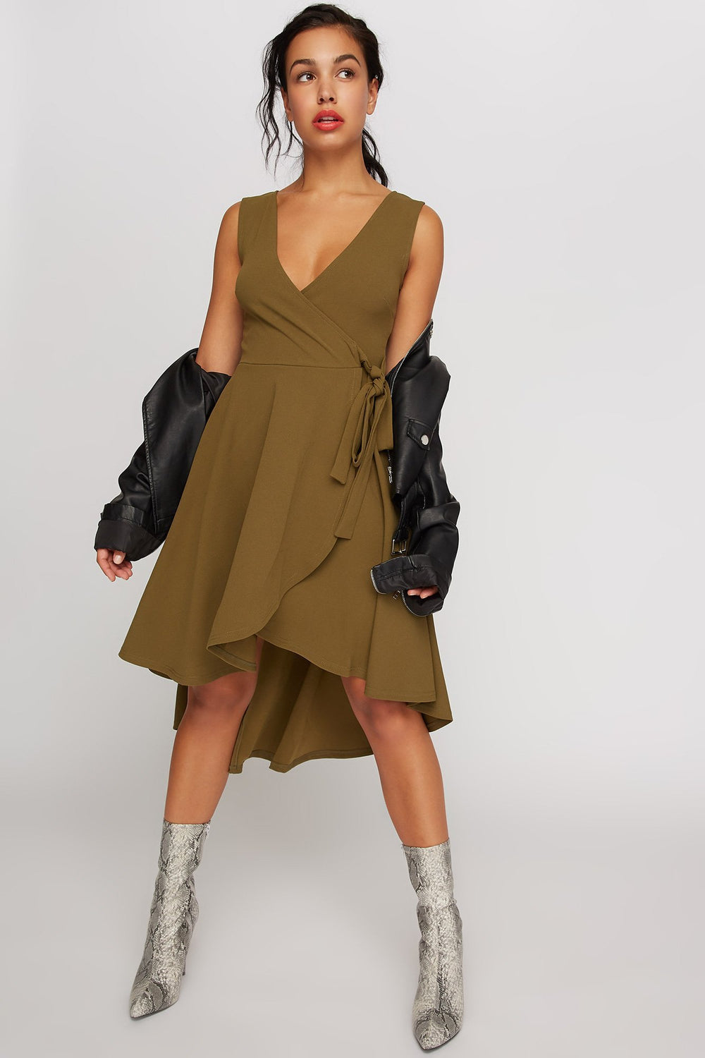 Women High-Low Ruffle Self-Tie Wrap Dress Dark Green