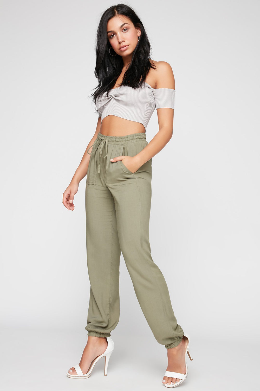 Women High-Rise Drawstring Pant Dark Green