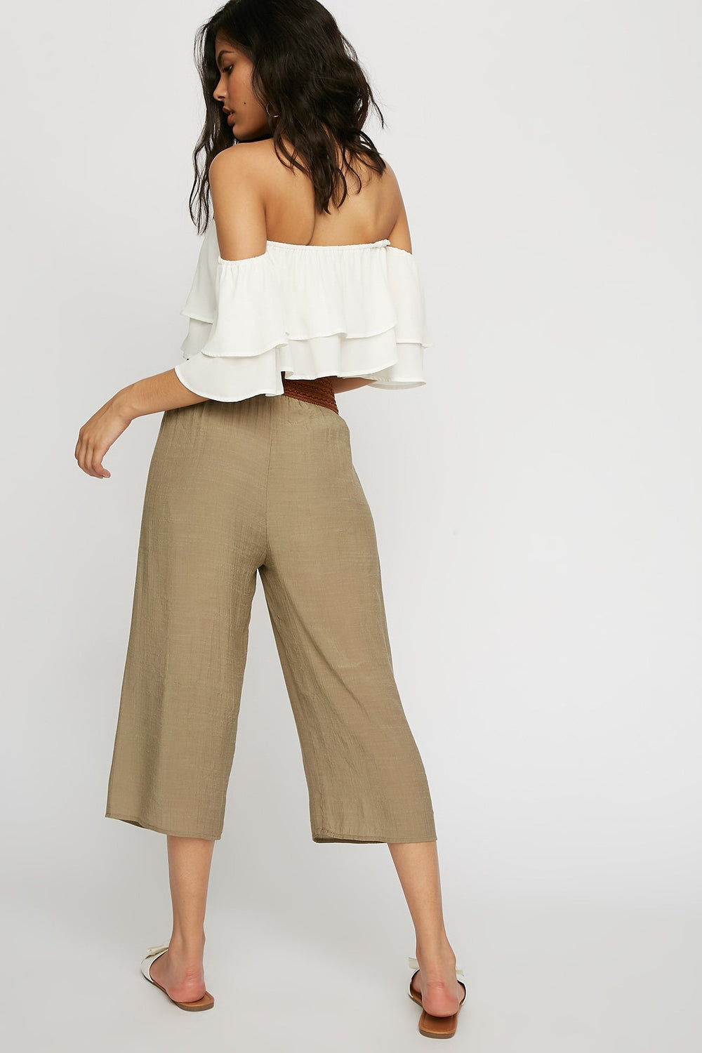 Women Lace-Up Corset Belt Lightweight Culotte Pant Dark Green