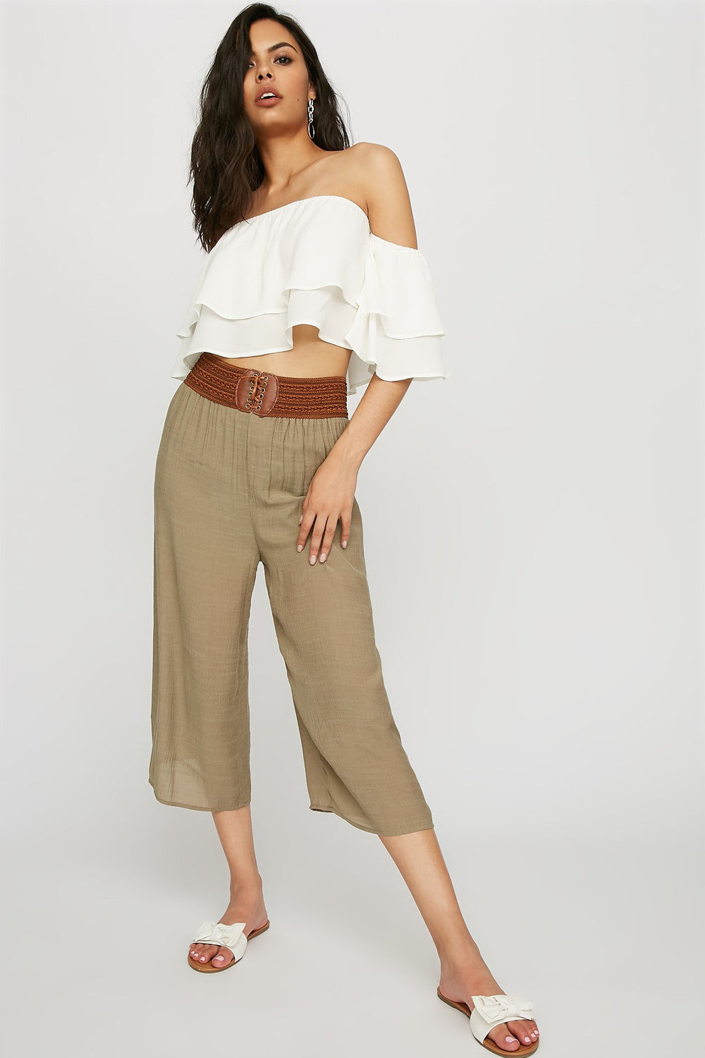 Women Lace-Up Corset Belt Lightweight Culotte Pant Dark Green