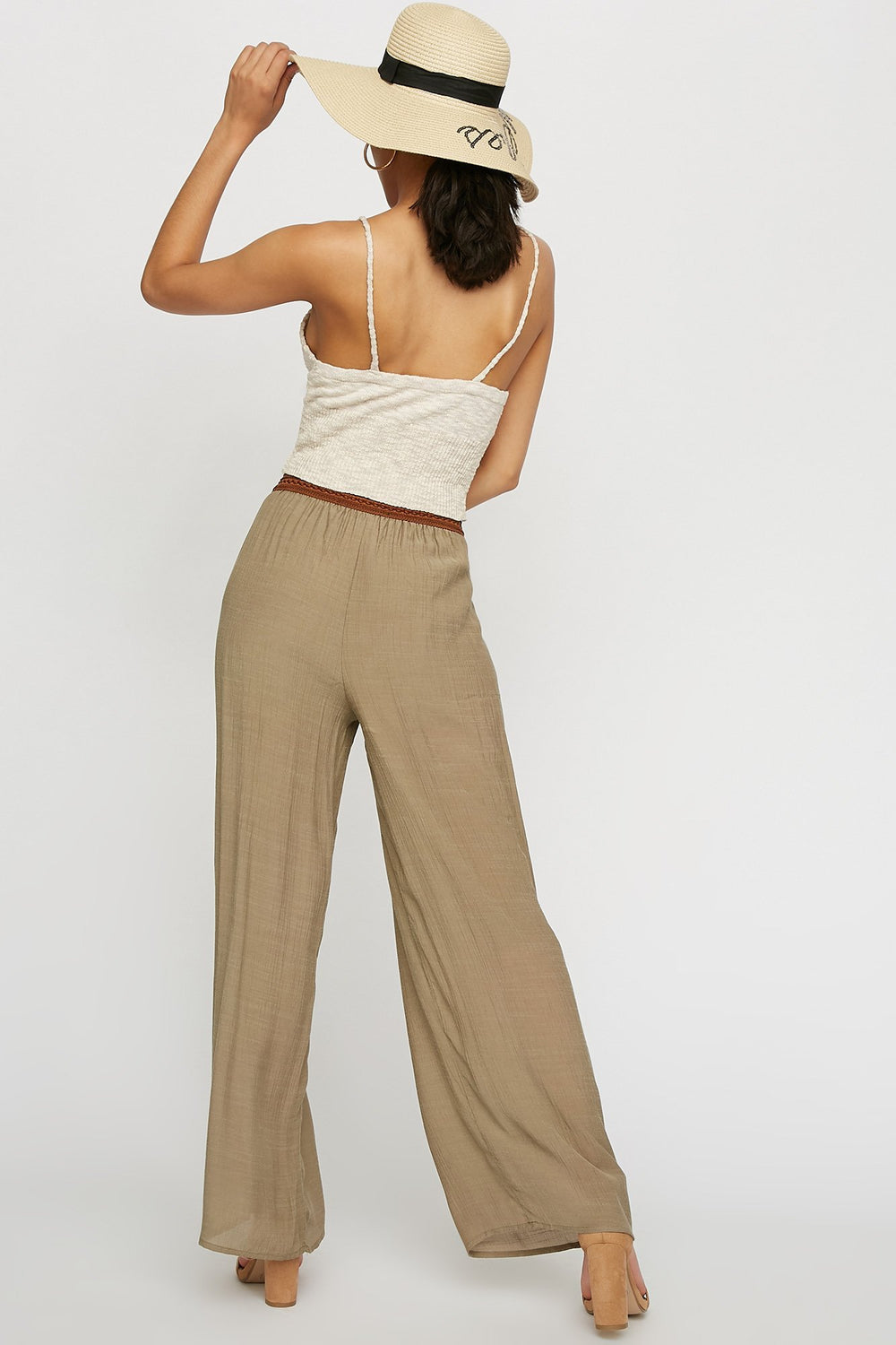 Women Lace-Up Corset Belt Lightweight Palazzo Pant Dark Green