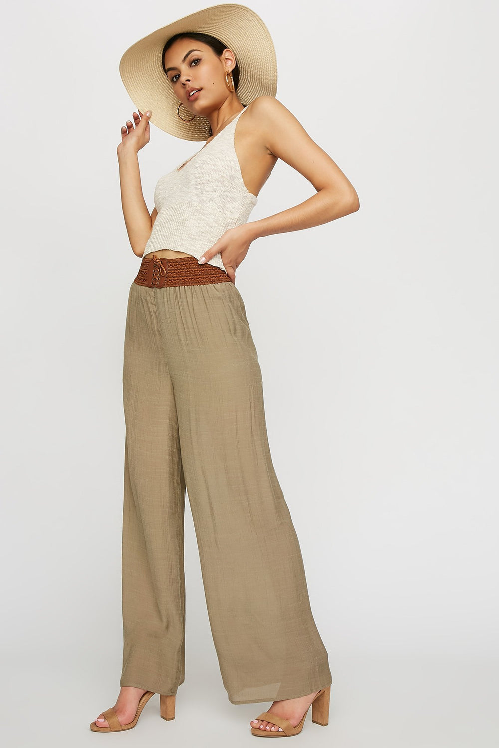 Women Lace-Up Corset Belt Lightweight Palazzo Pant Dark Green