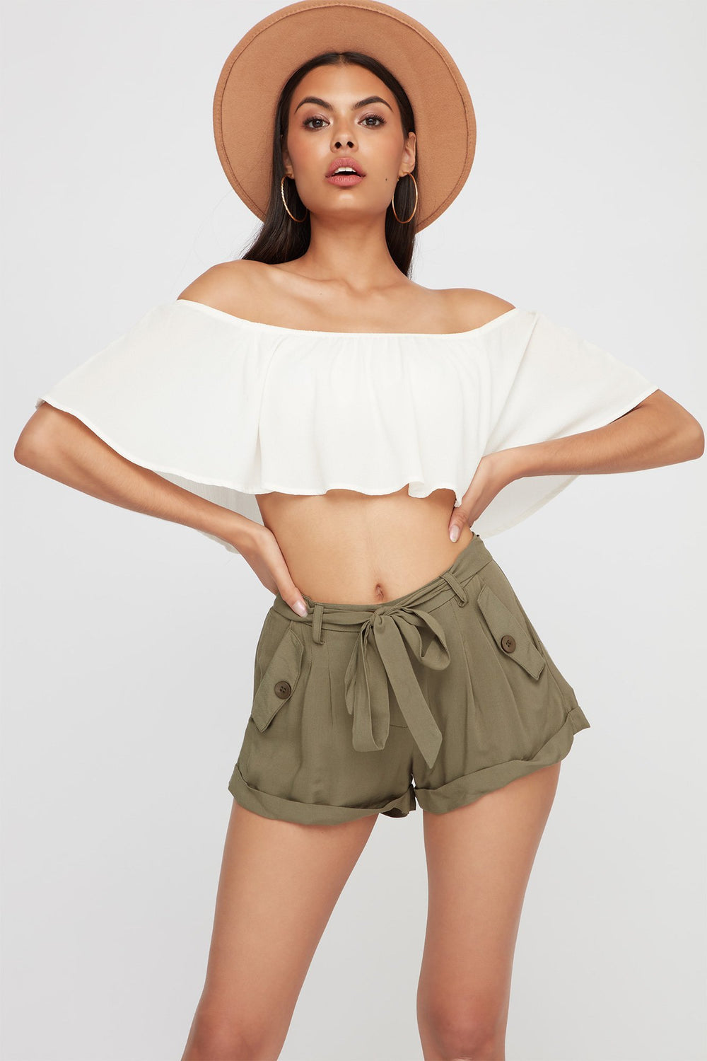 Women Lightweight Self-Tie Roll-Up Paperbag Short Dark Green