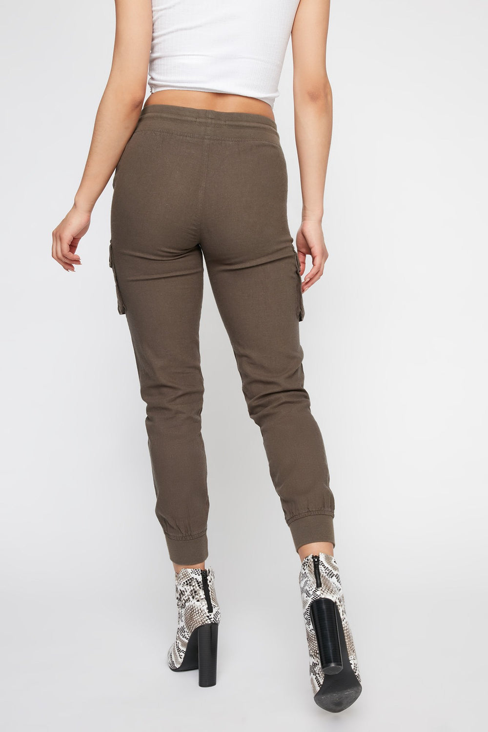 Women Linen Drawstring Cargo Jogger Dark Green