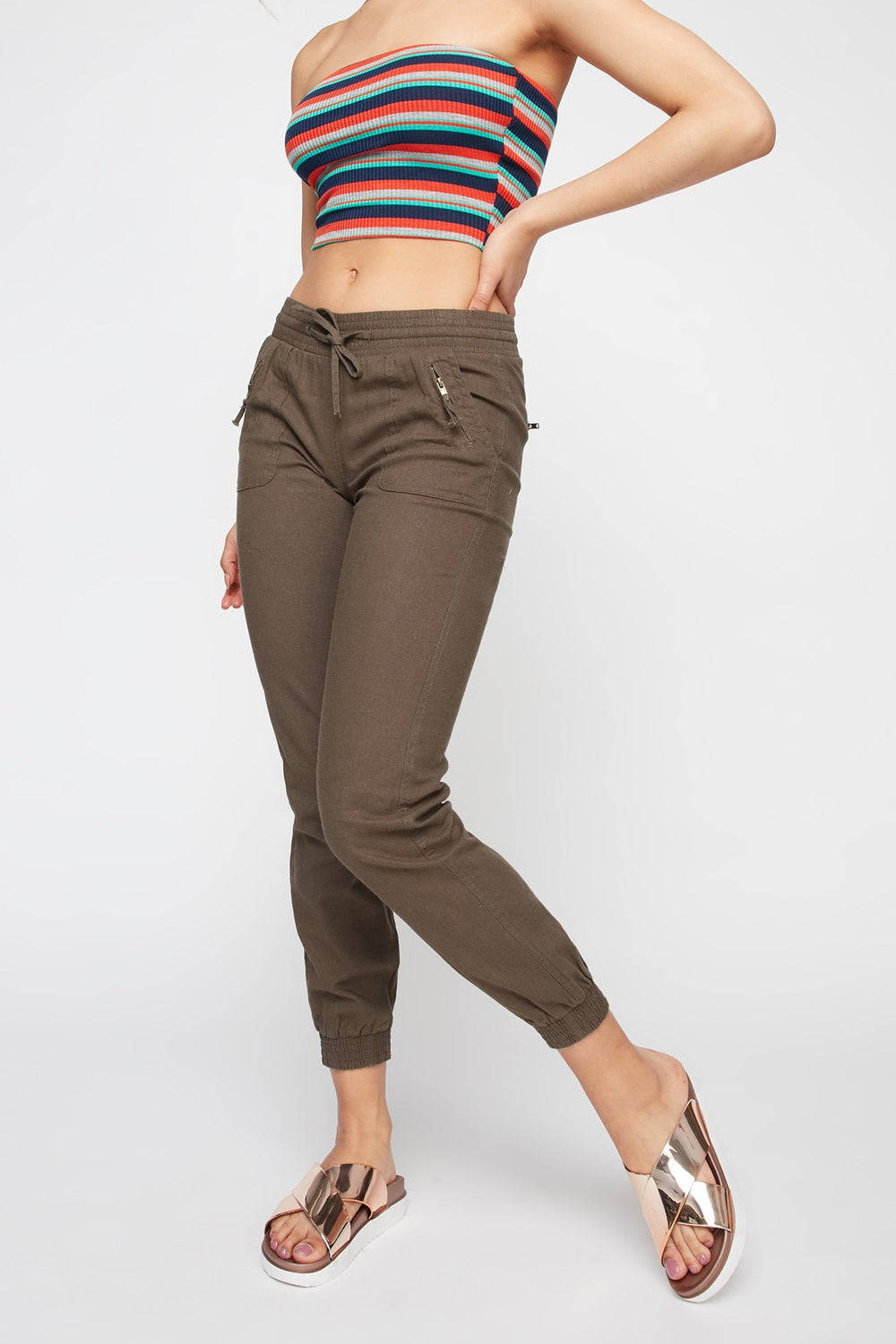 Women Linen Drawstring Zipper Jogger Dark Green