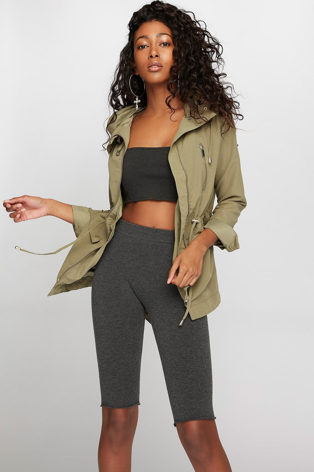Women Microfiber Hooded Drawstring Anorak Jacket Dark Green