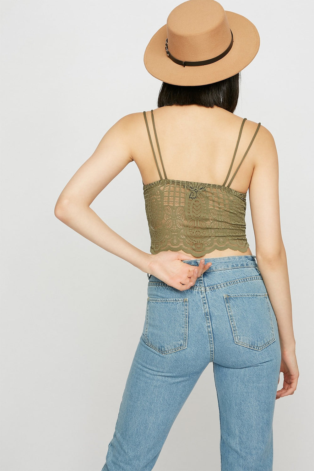 Women V-Neck Ribbed Lace Camisole Dark Green