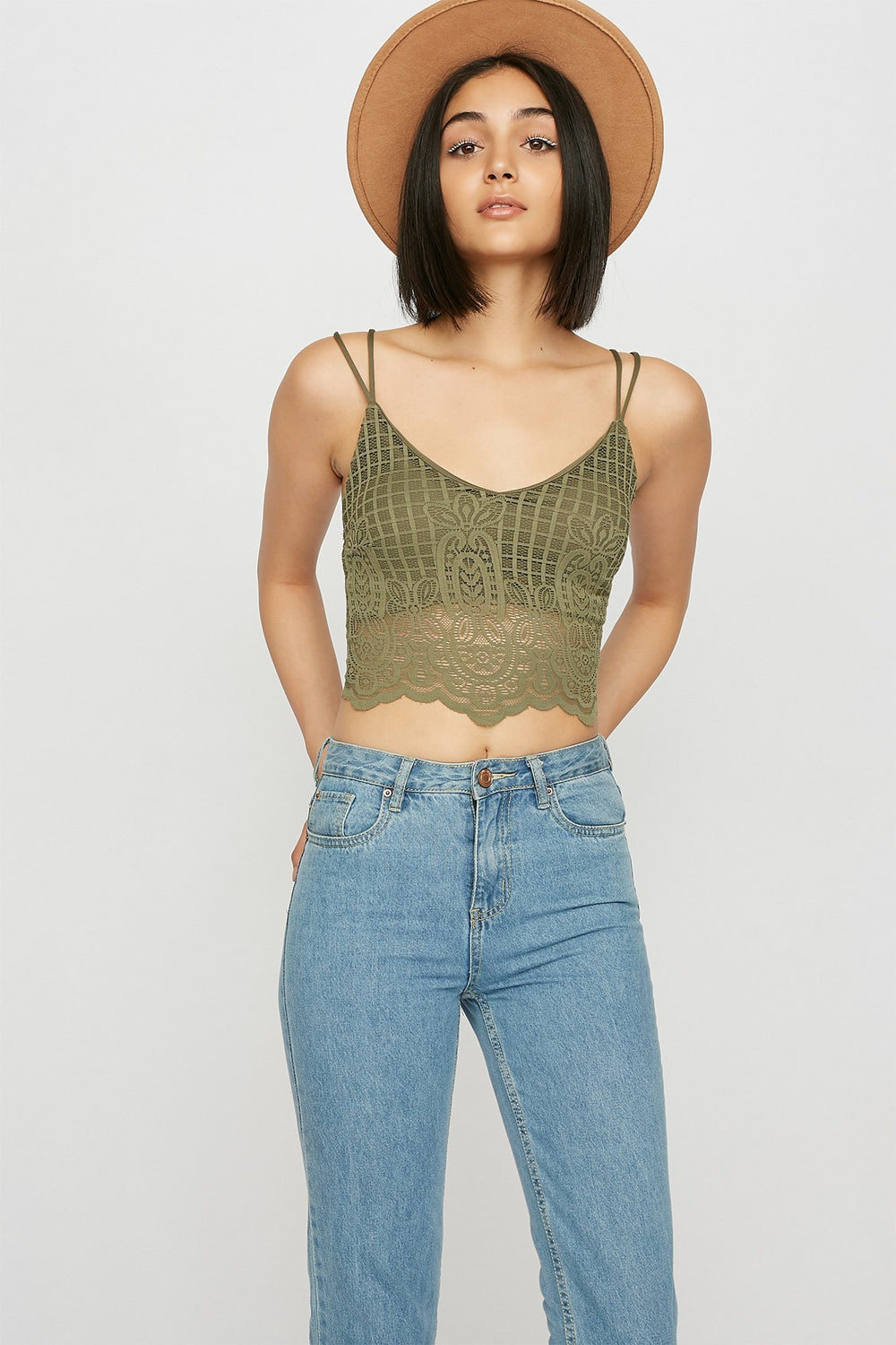 Women V-Neck Ribbed Lace Camisole Dark Green
