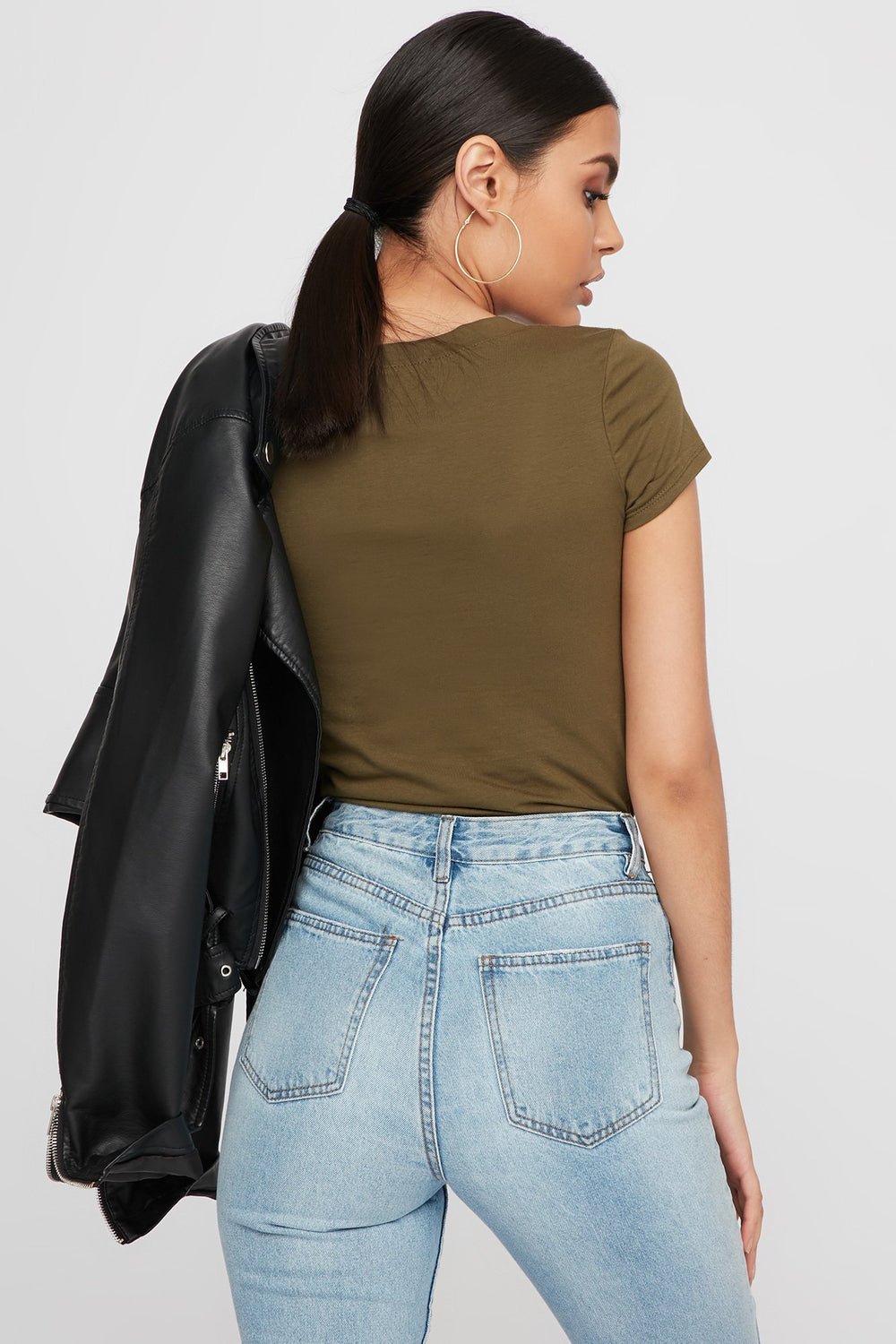 Women Basic V-Neck T-Shirt Dark Green