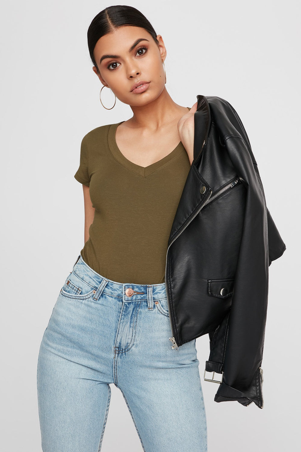 Women Basic V-Neck T-Shirt Dark Green