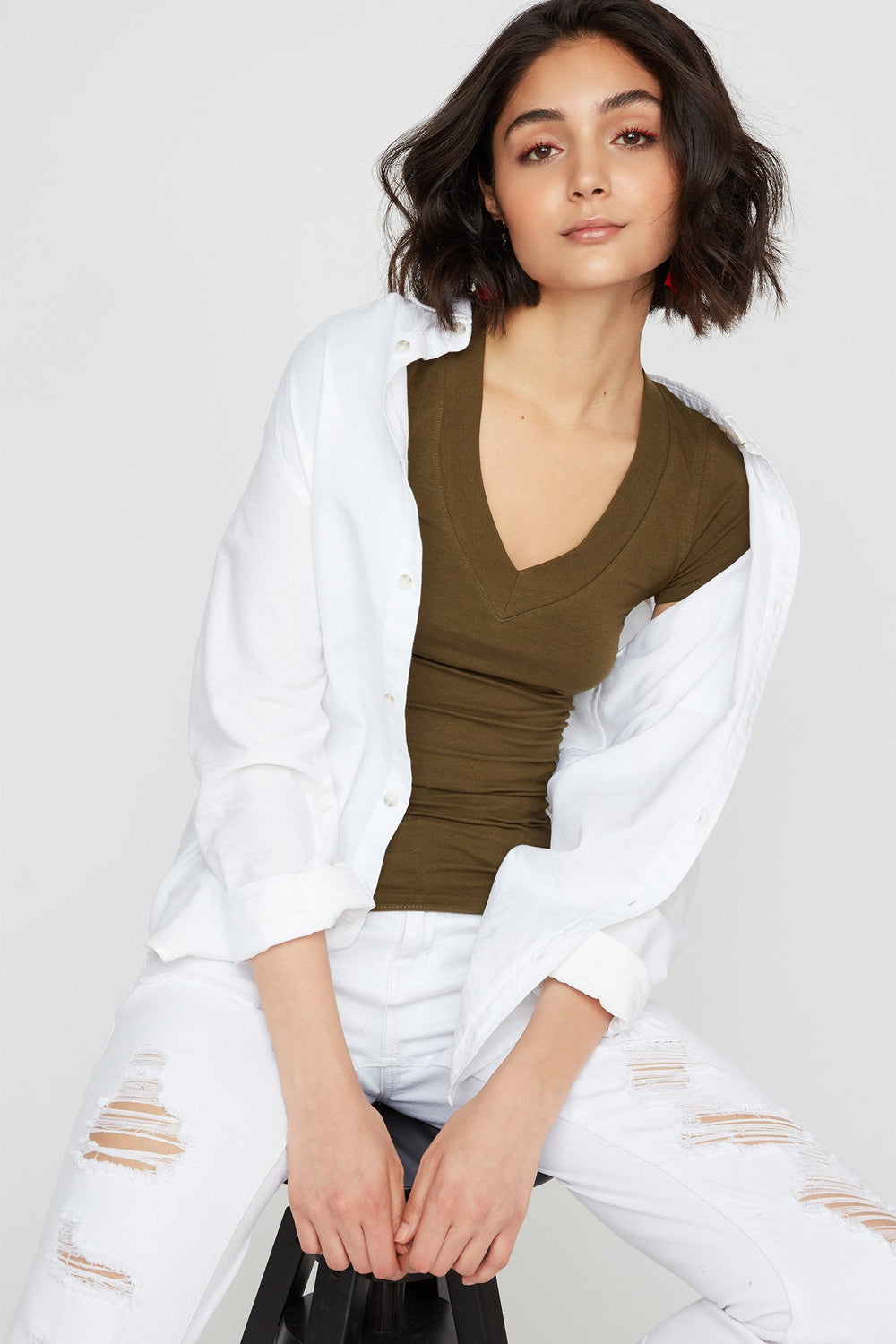 Women Basic V-Neck T-Shirt Dark Green