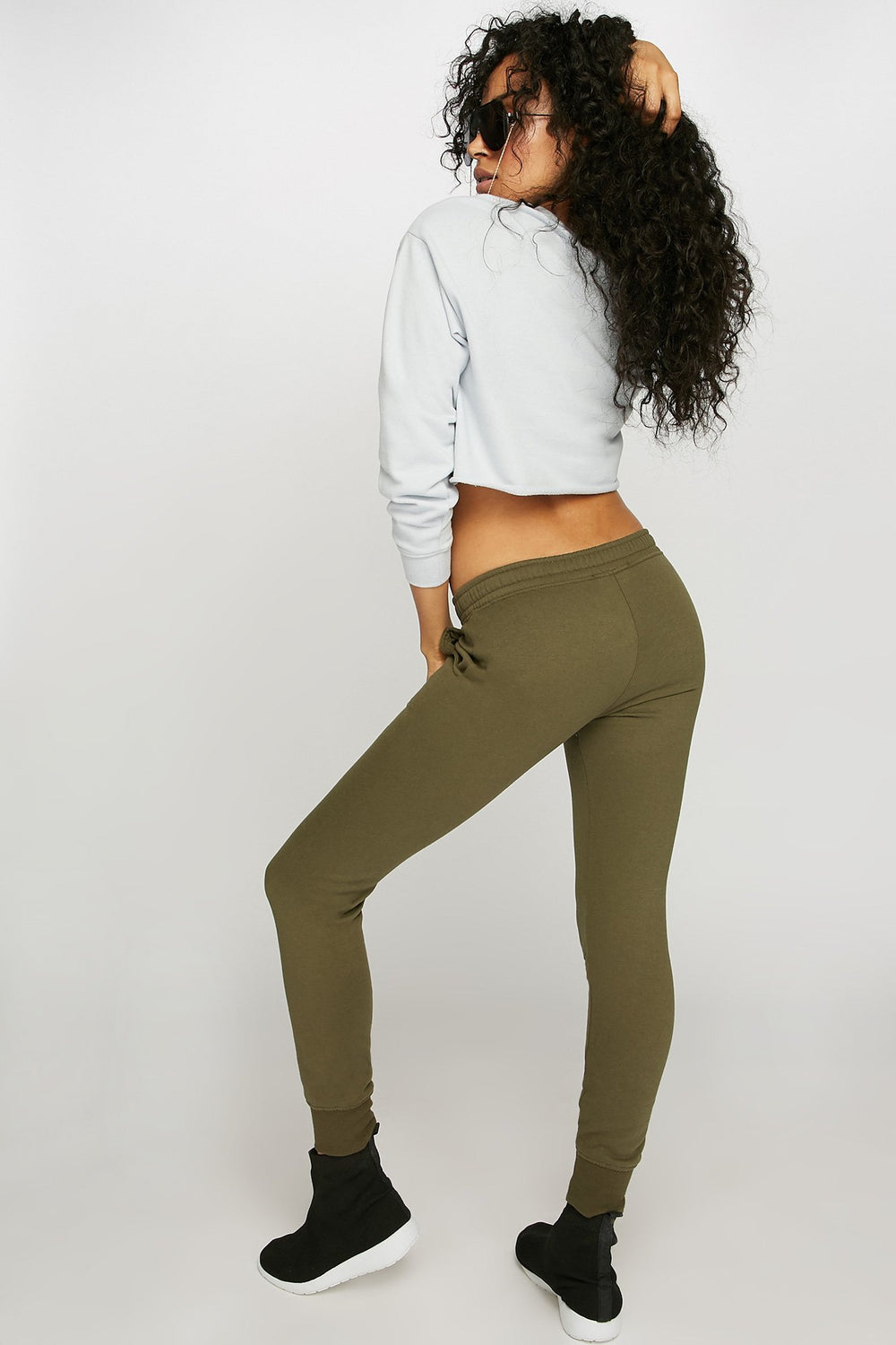 Women Cinched Pocket Drawstring Fleece Jogger Dark Green