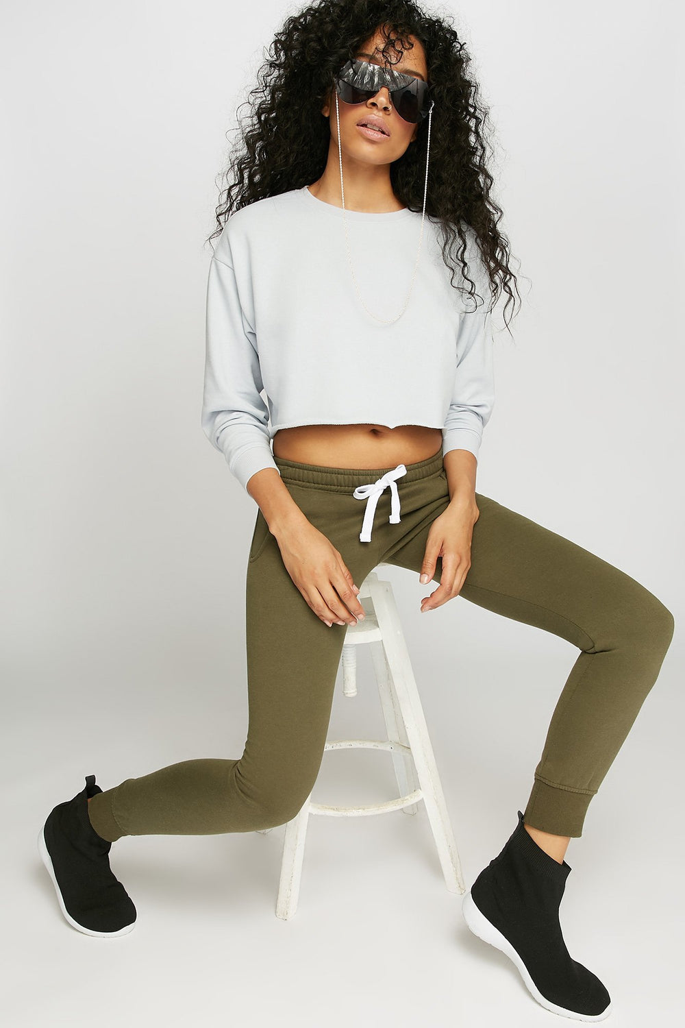 Women Cinched Pocket Drawstring Fleece Jogger Dark Green