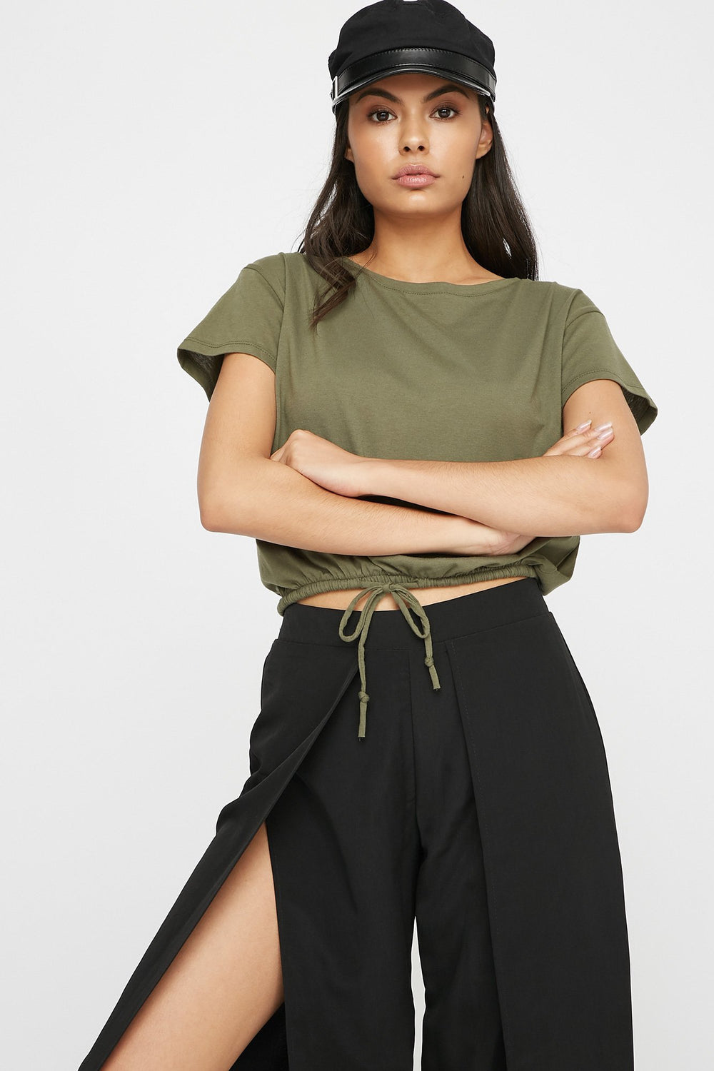 Women Cropped Cinched Drawstring T-Shirt Dark Green