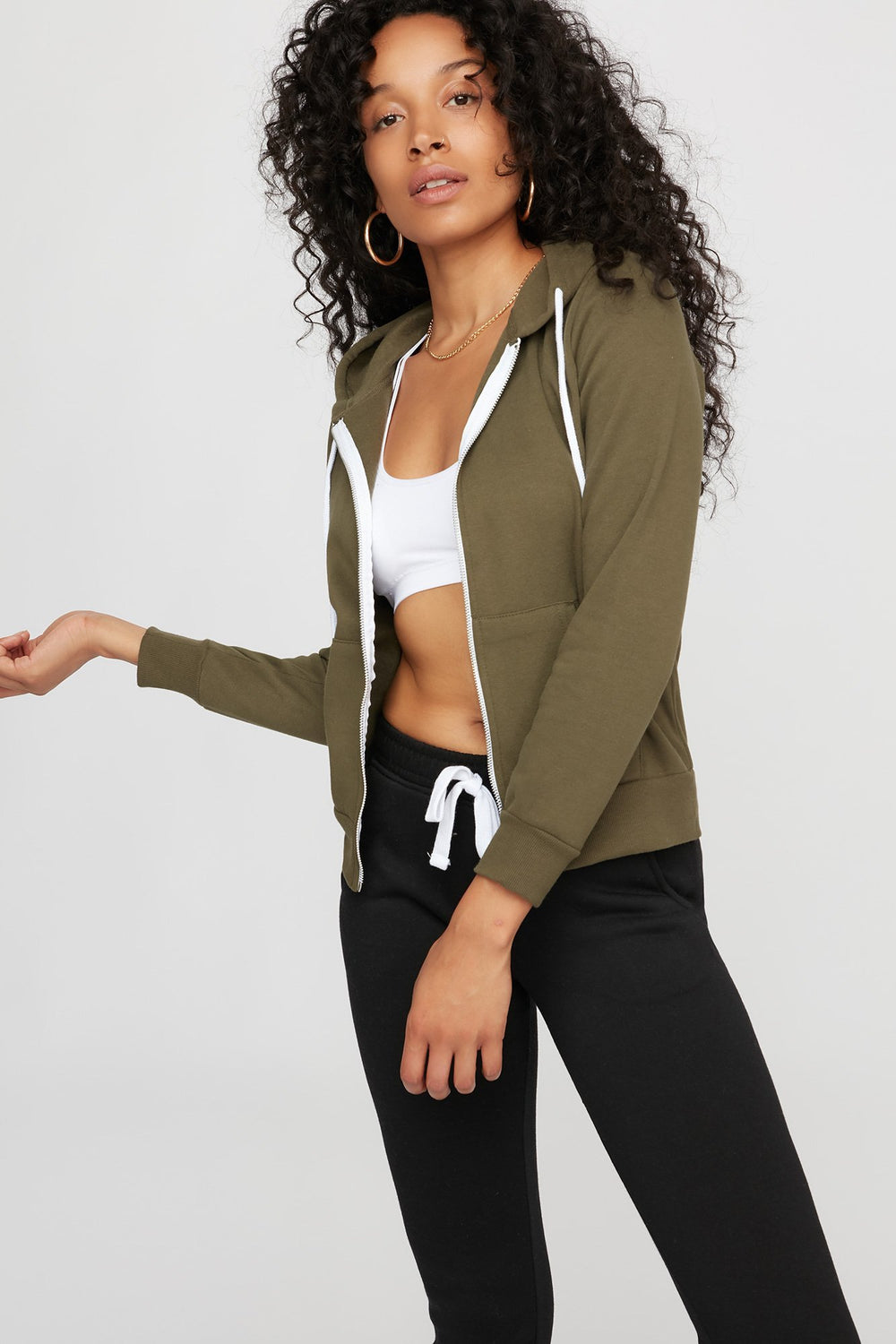 Women Fleece Drawstring Zip-Up Hoodie Dark Green