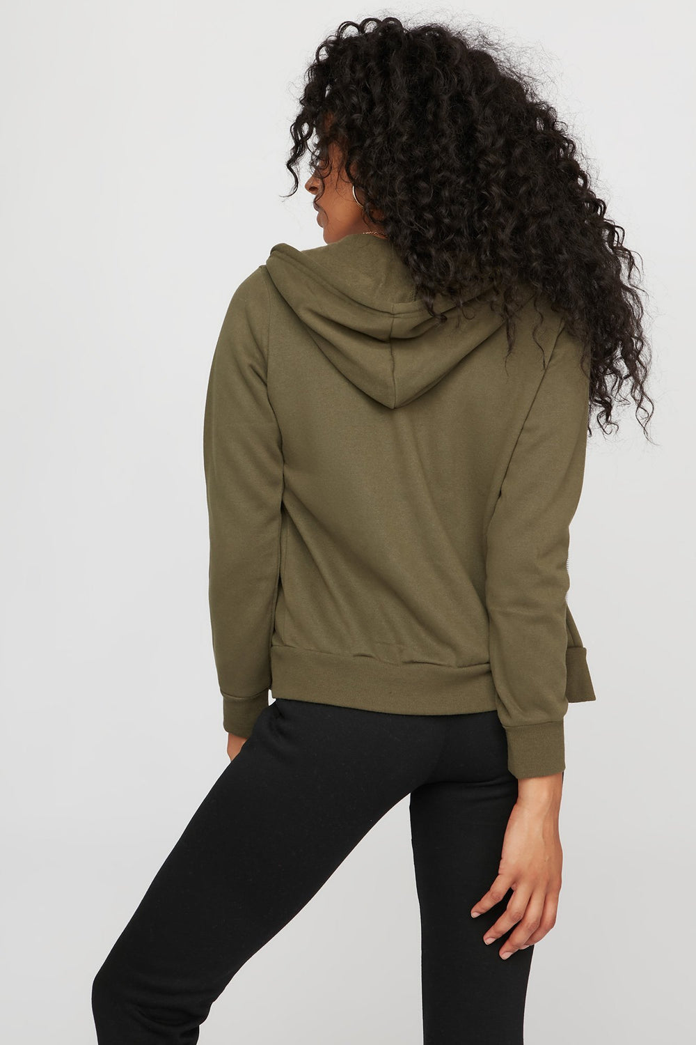 Women Fleece Drawstring Zip-Up Hoodie Dark Green