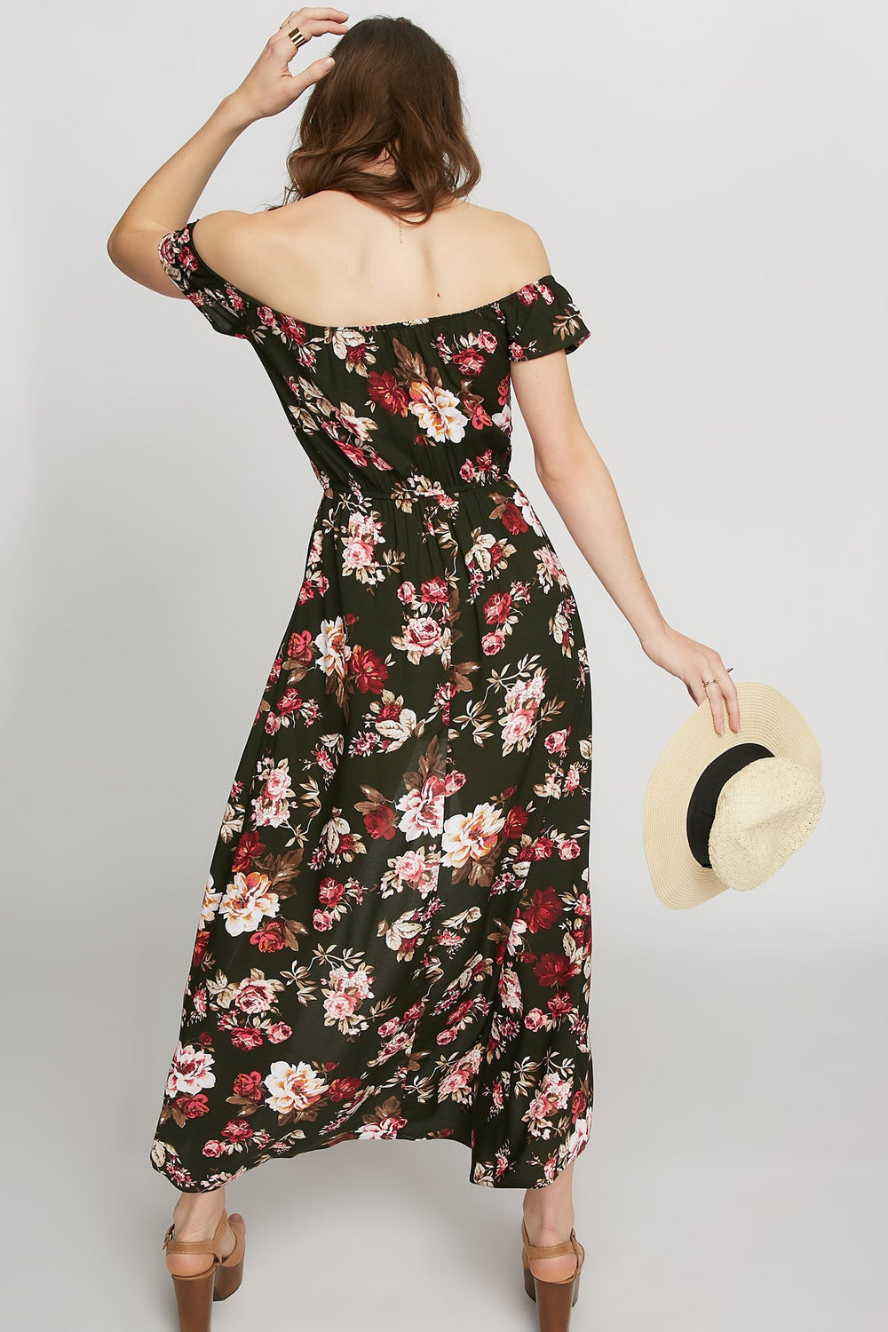 Women Floral Off The Shoulder Walkthrough Romper Dark Green