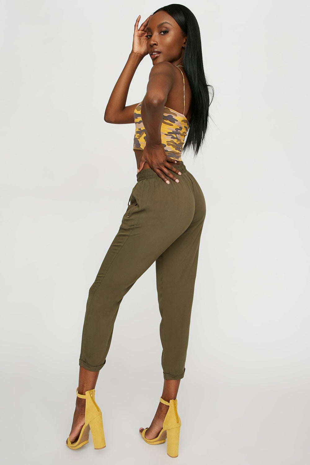 Women Lightweight Roll-Up Drawstring Jogger Dark Green