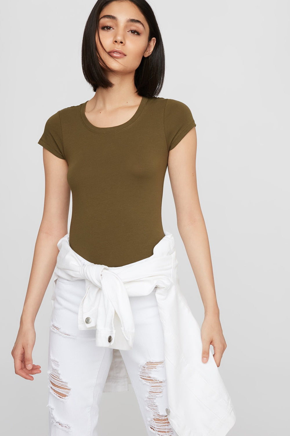 Women Longline Basic Scoop Neck T-Shirt Dark Green