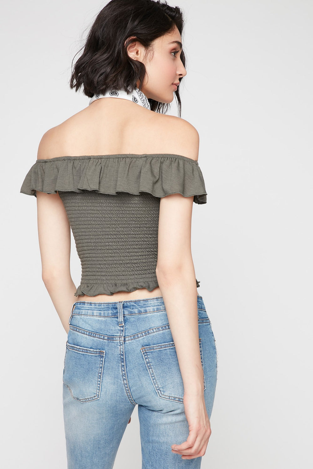 Women Off The Shoulder Ruffle Smocked Cropped T-Shirt Dark Green