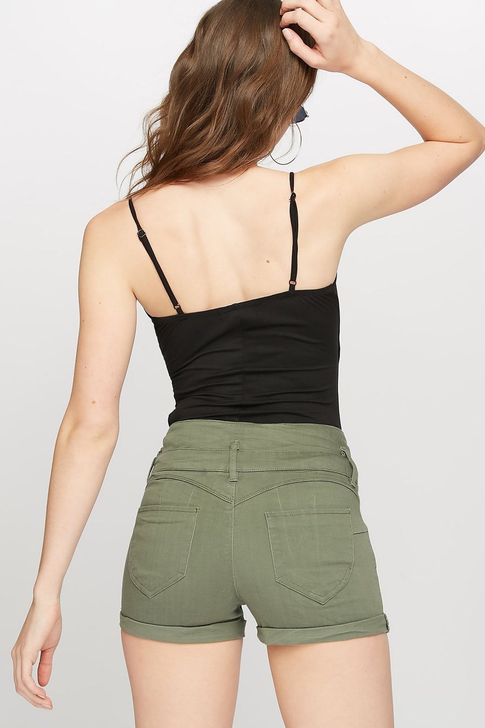 Women Olive High-Rise 3-Tier Push-Up Ibiza Denim Short Dark Green