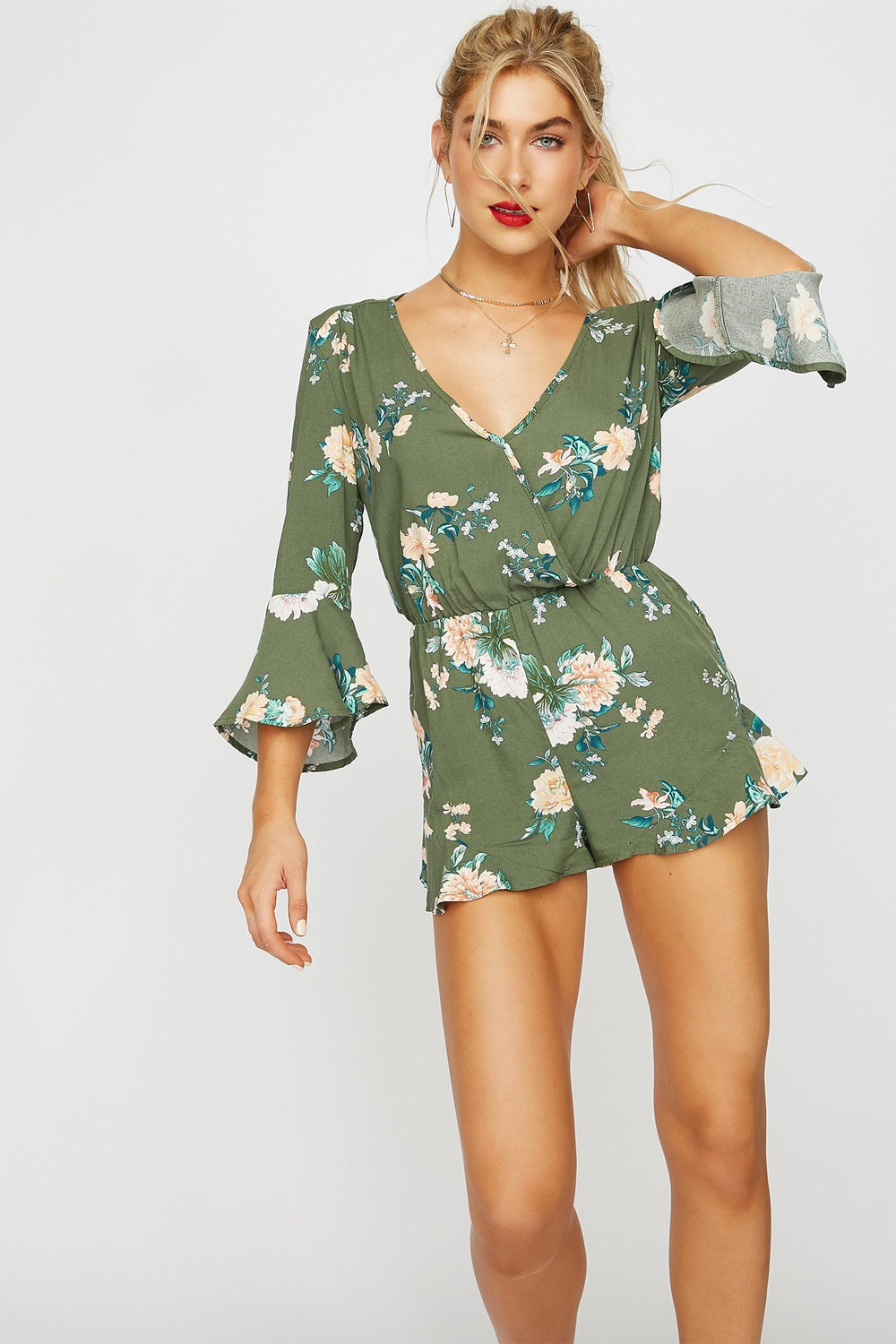 Women Printed Faux-Wrap Bell Sleeve Romper Dark Green