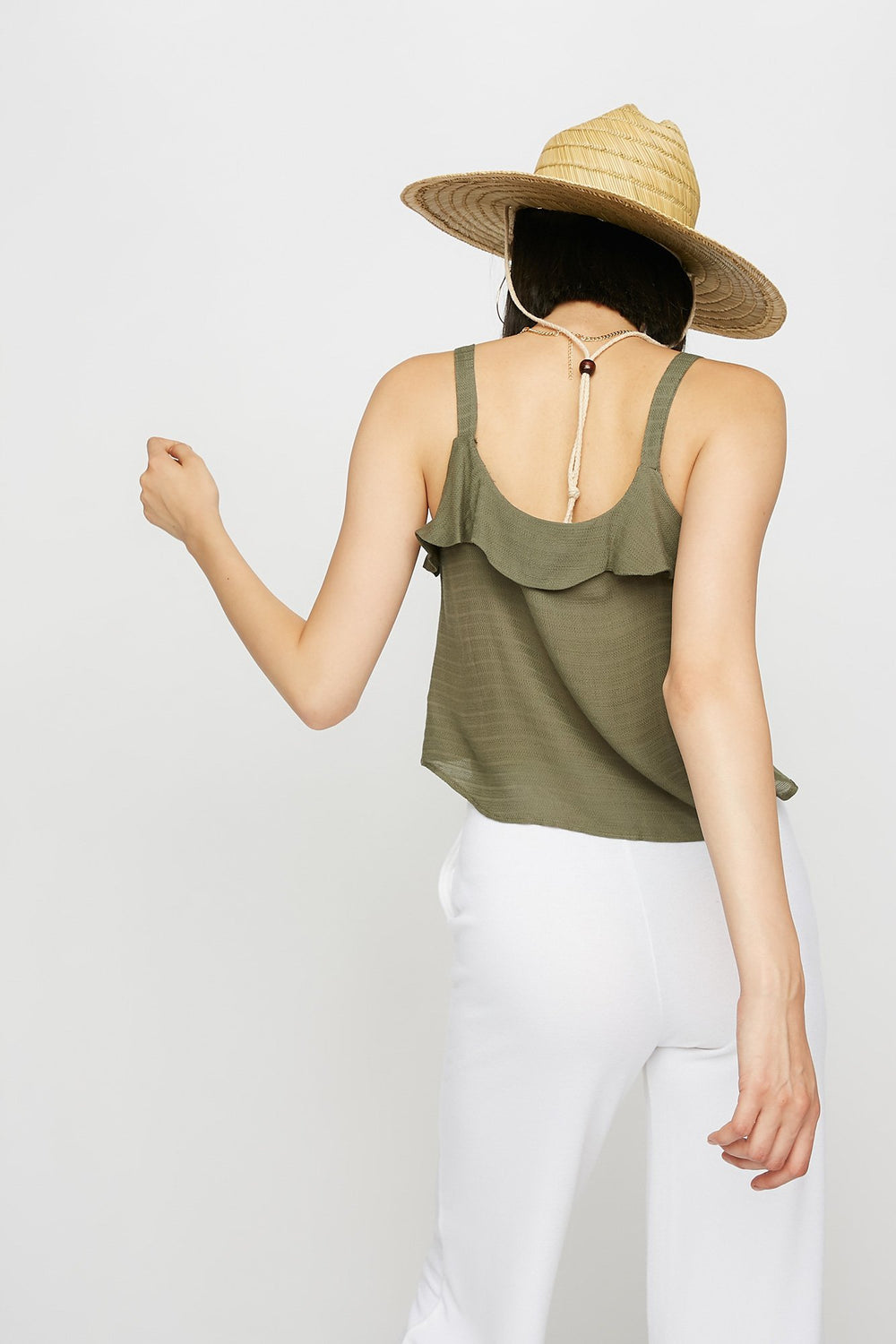 Women Ruffle Button-Up Front-Knot Knit Tank Dark Green