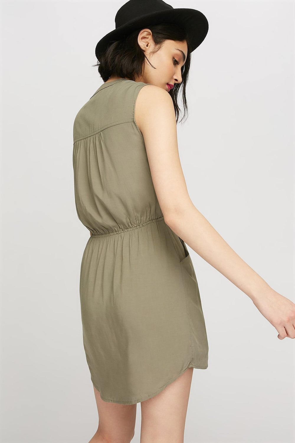 women Sleeveless Half-Zip Drawstring Mini Dress Dark Green