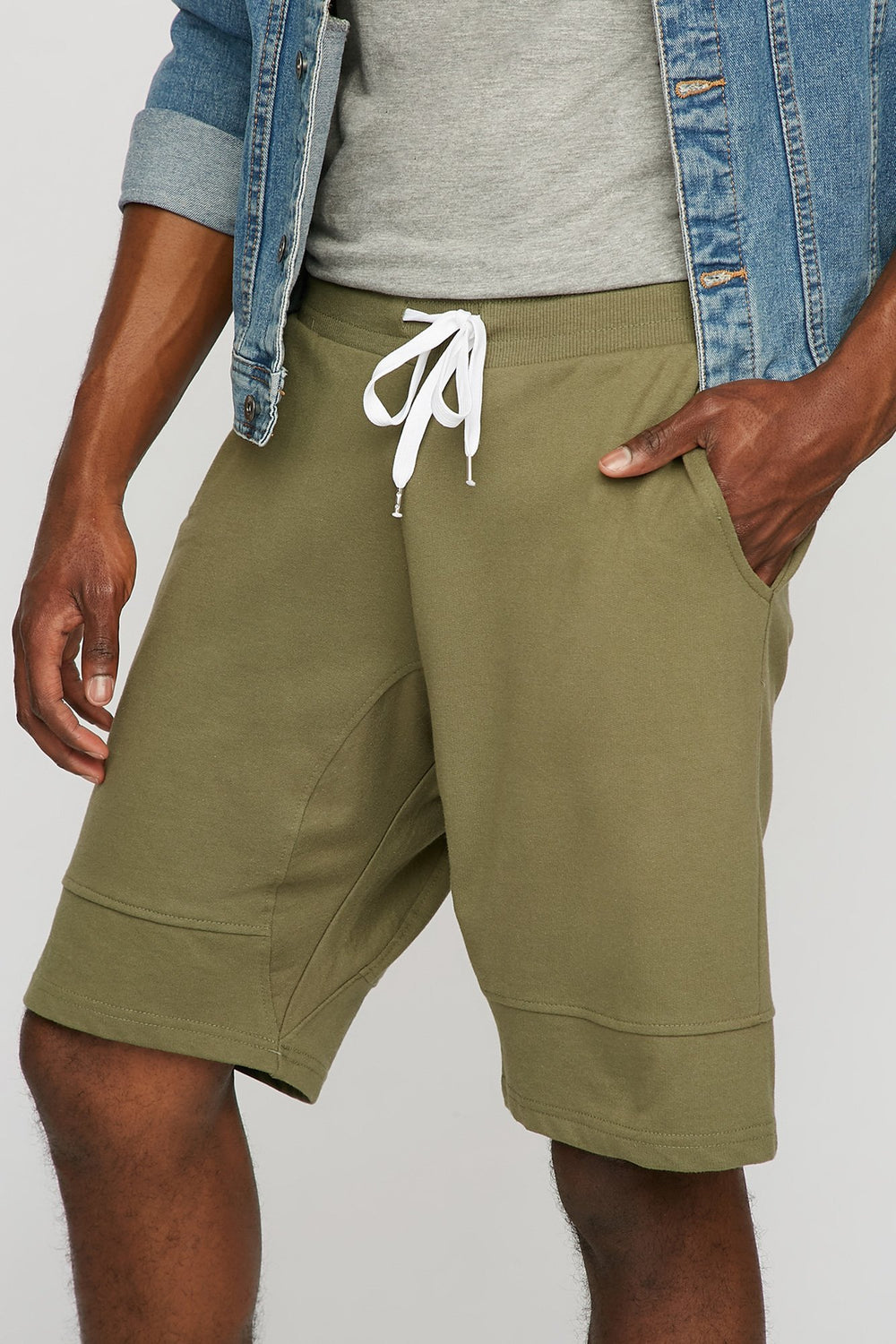 Men Slim Fleece Ribbed Drawstring Jogger Short Dark Green
