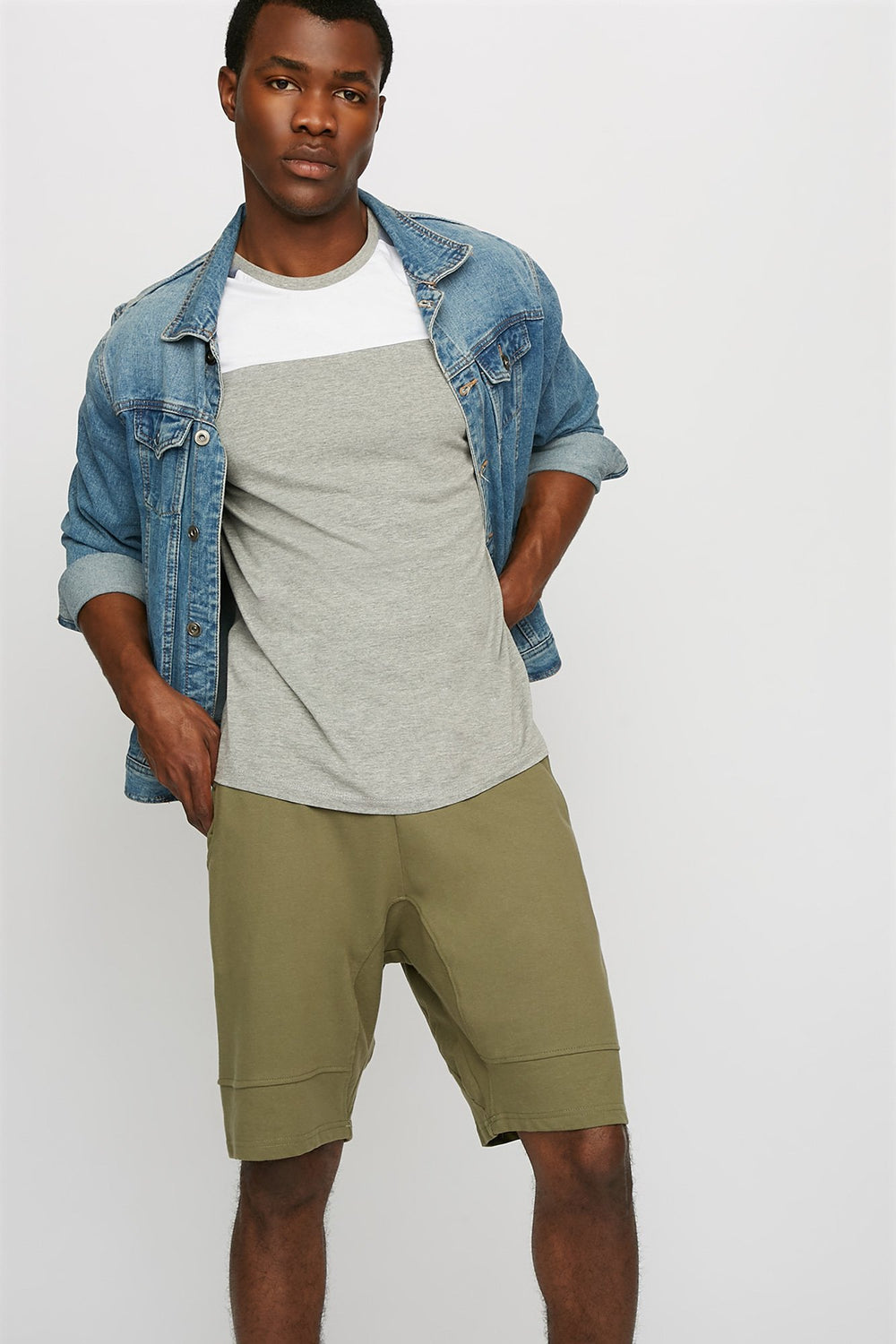 Men Slim Fleece Ribbed Drawstring Jogger Short Dark Green