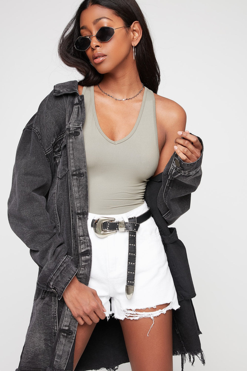 Women V-Neck Racerback Soft Bodysuit Dark Green