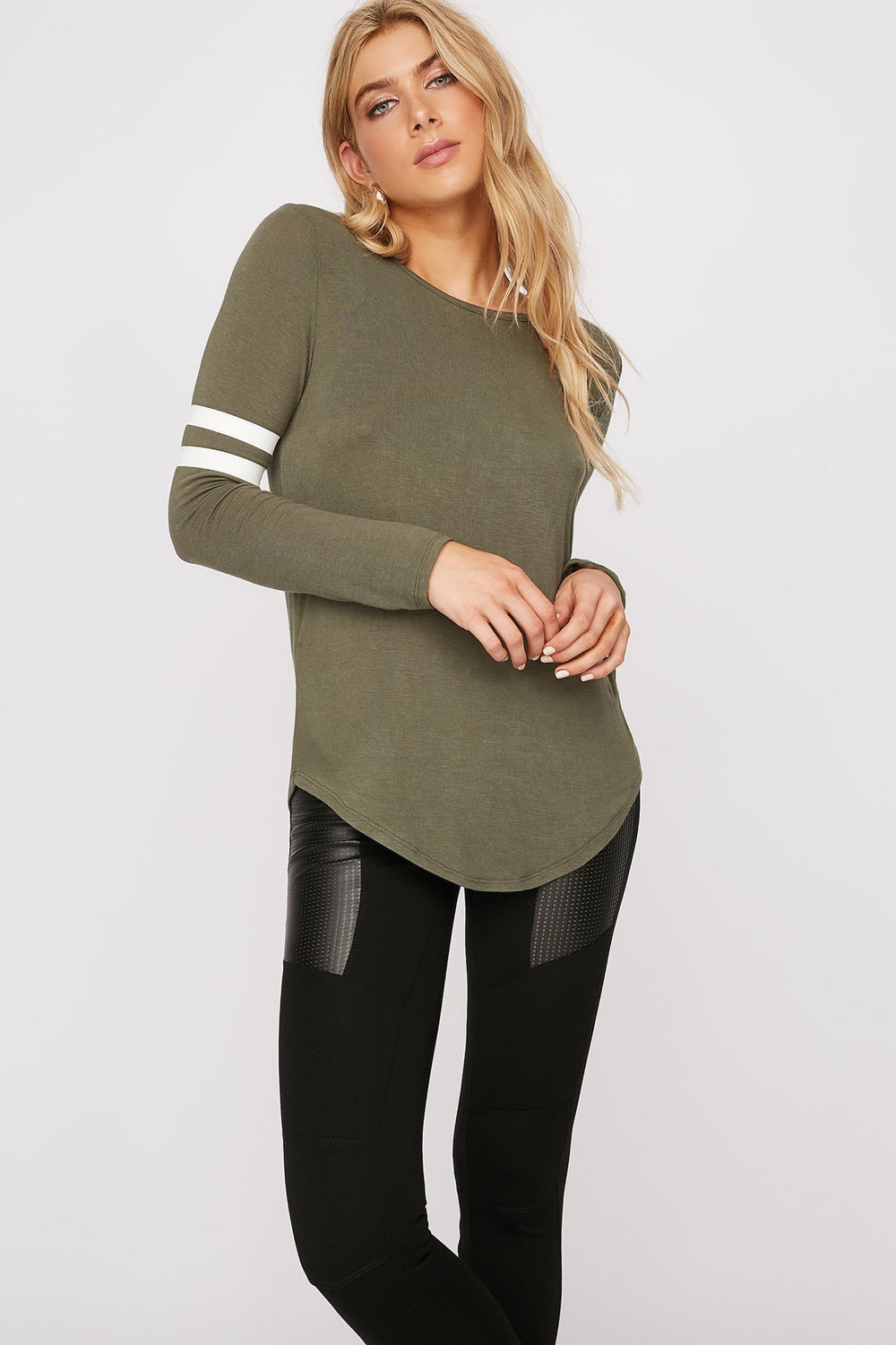 Women Varsity Striped Dolphin Hem Long Sleeve Dark Green