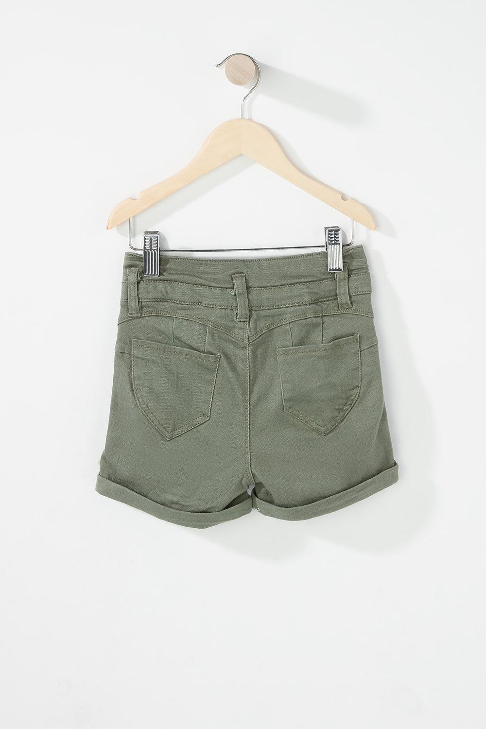 Kids Girls 3-Tier High-Rise Coloured Roll-Up Denim Short Dark Green