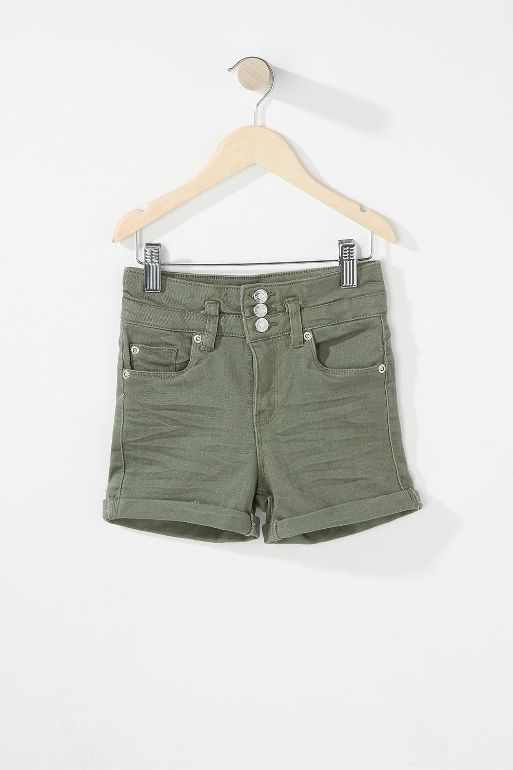 Kids Girls 3-Tier High-Rise Coloured Roll-Up Denim Short Dark Green
