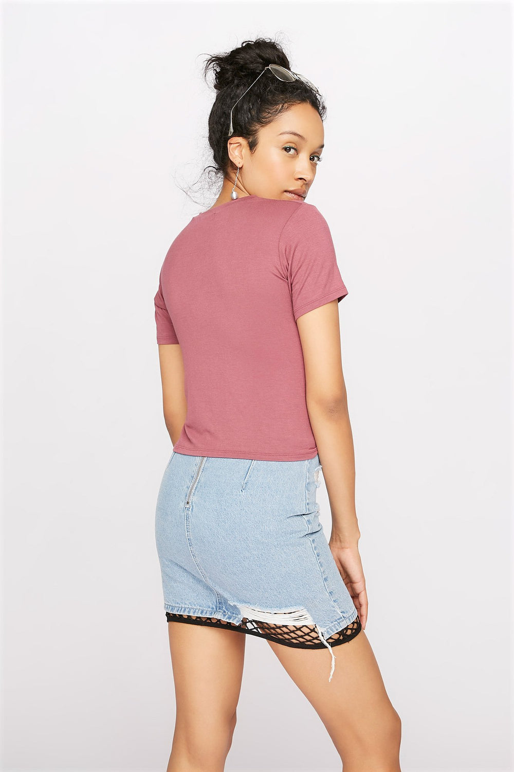 Women Basic Crewneck Pocket T-Shirt Dark Purple