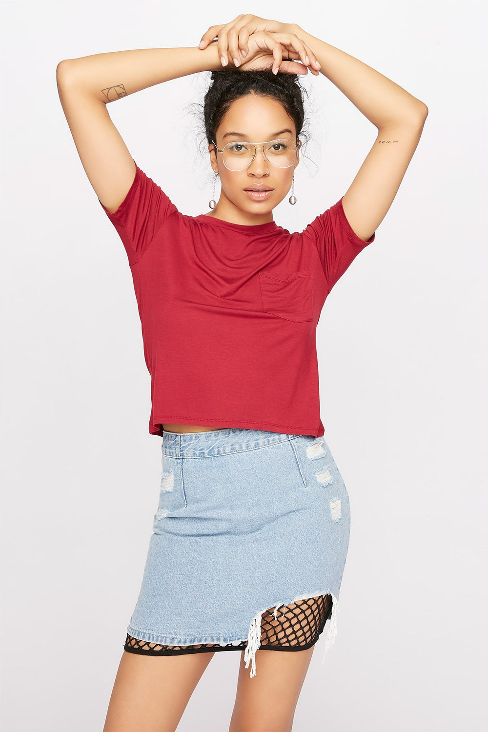 Women Basic Crewneck Pocket T-Shirt Dark Red
