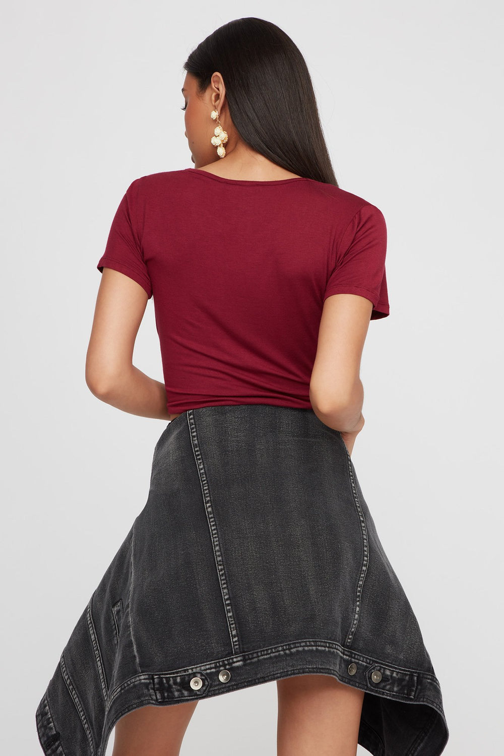 Women Caged-Neck Lightweight Basic T-Shirt Dark Red