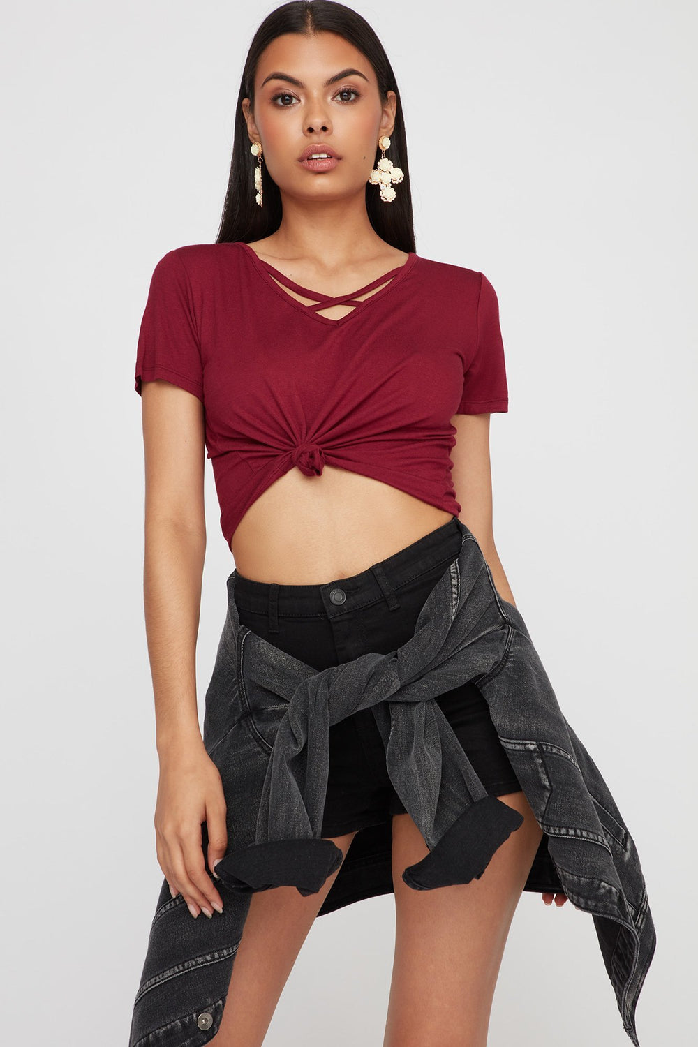 Women Caged-Neck Lightweight Basic T-Shirt Dark Red