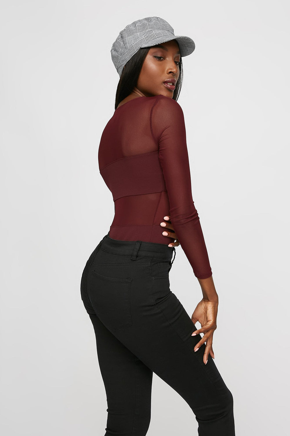 Women Colour Block Mesh Long Sleeve Bodysuit Dark Red