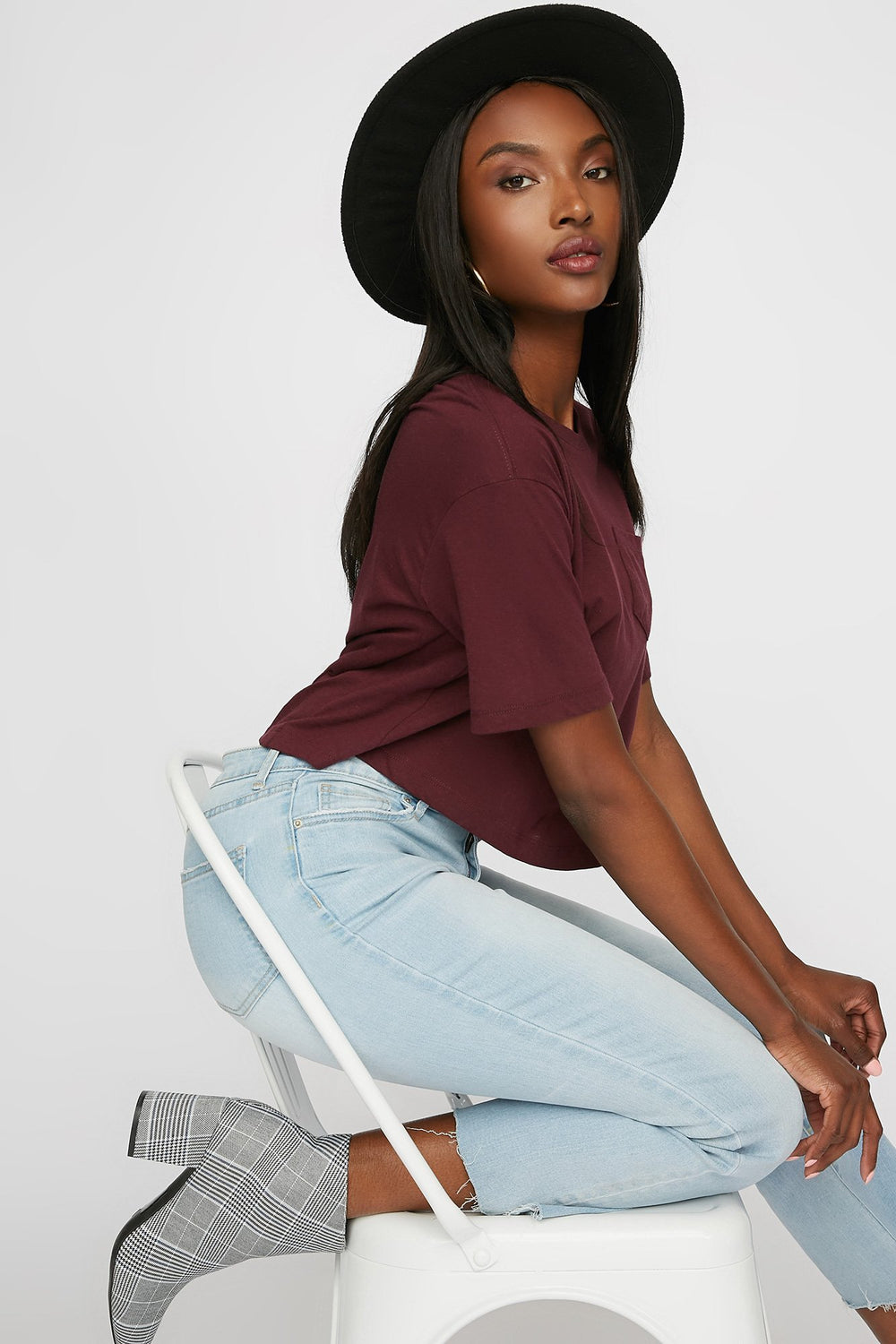 Women Cropped Front-Pocket Basic T-Shirt Dark Red