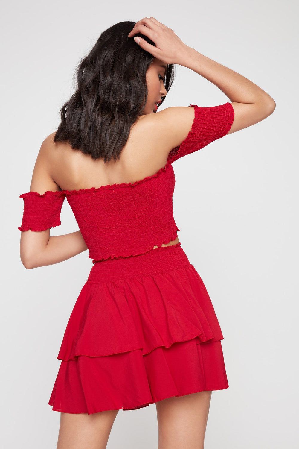 Women High-Rise Smocked Layered Ruffle Skirt Dark Red