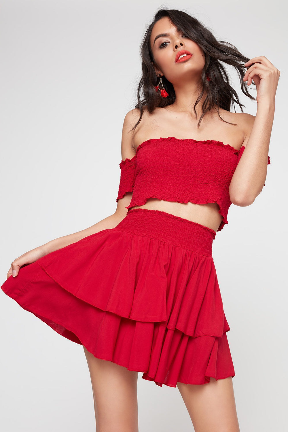Women High-Rise Smocked Layered Ruffle Skirt Dark Red